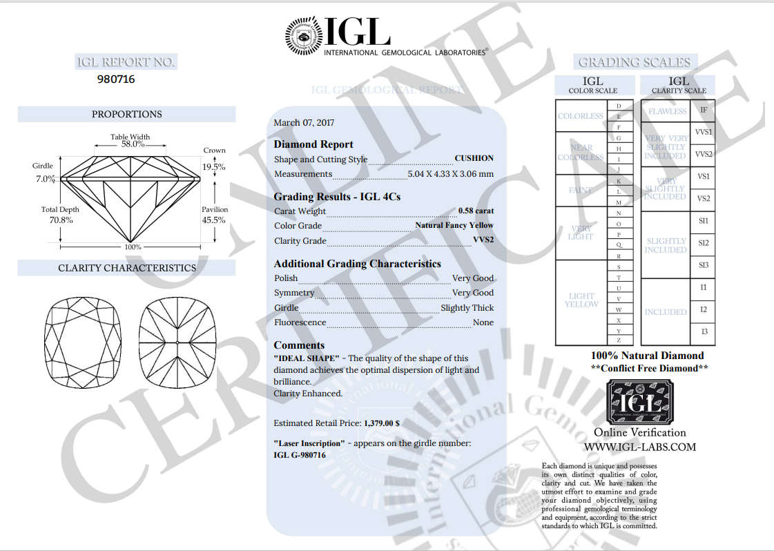 0.58cts Diamond Cushion Cut VVS2  Fancy Yellow**Certified**