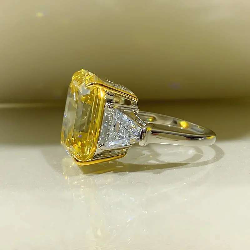 Yellow Trilogy Ring Emerald & Tapered baguettes cut 925 Sterling Silver Gemstone Ring