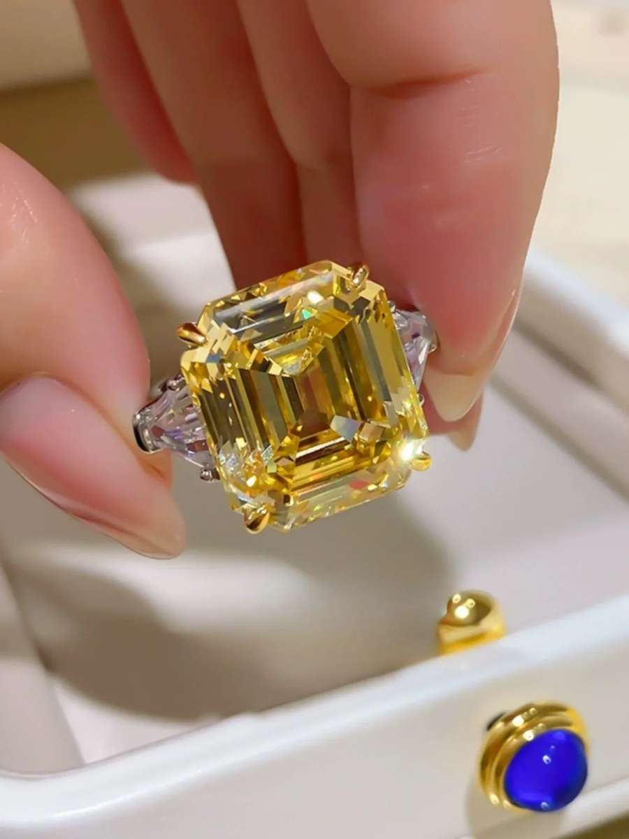 Yellow Trilogy Ring Emerald & Tapered baguettes cut 925 Sterling Silver Gemstone Ring