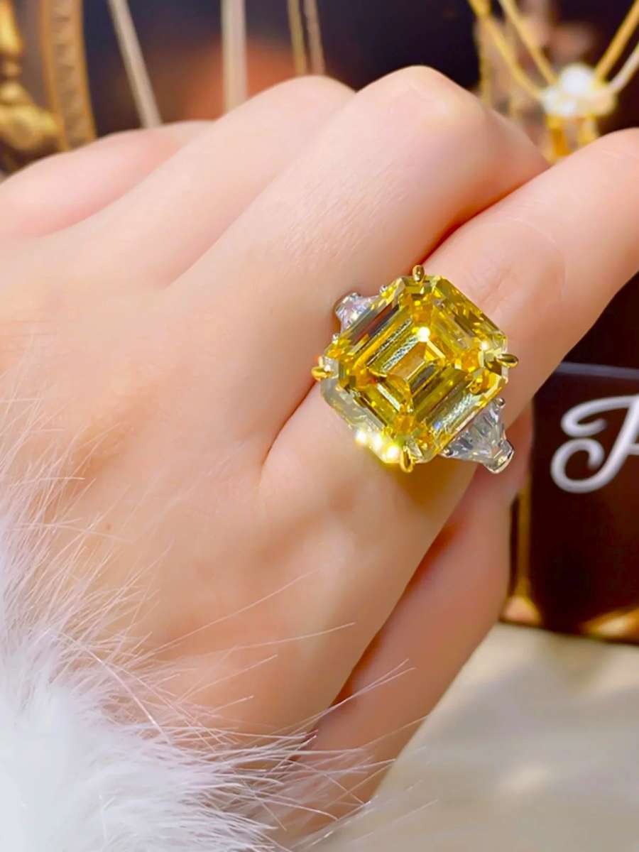 Yellow Trilogy Ring Emerald & Tapered baguettes cut 925 Sterling Silver Gemstone Ring