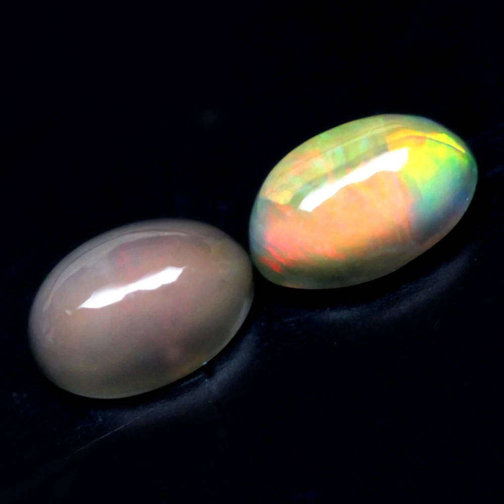 0.84Ct. Opal Oval Cabochon 2 Pieces Multi Colors Glittering Rainbow 3D Ethiopian Gemstone