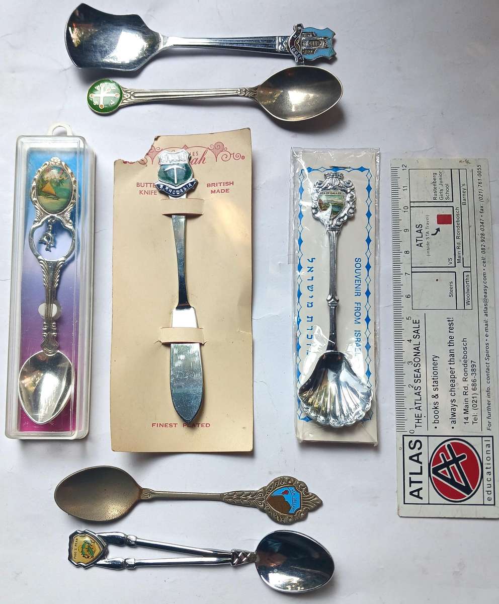7 x Souvenir Spoons & Butter Knife (International)