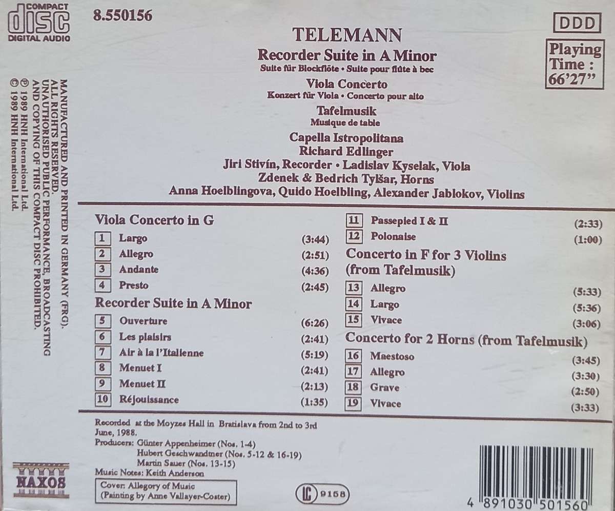 Telemann: Viola Concerto, Recorder Suite, Concerto for 3 Violins & Concerto for 2 Horns