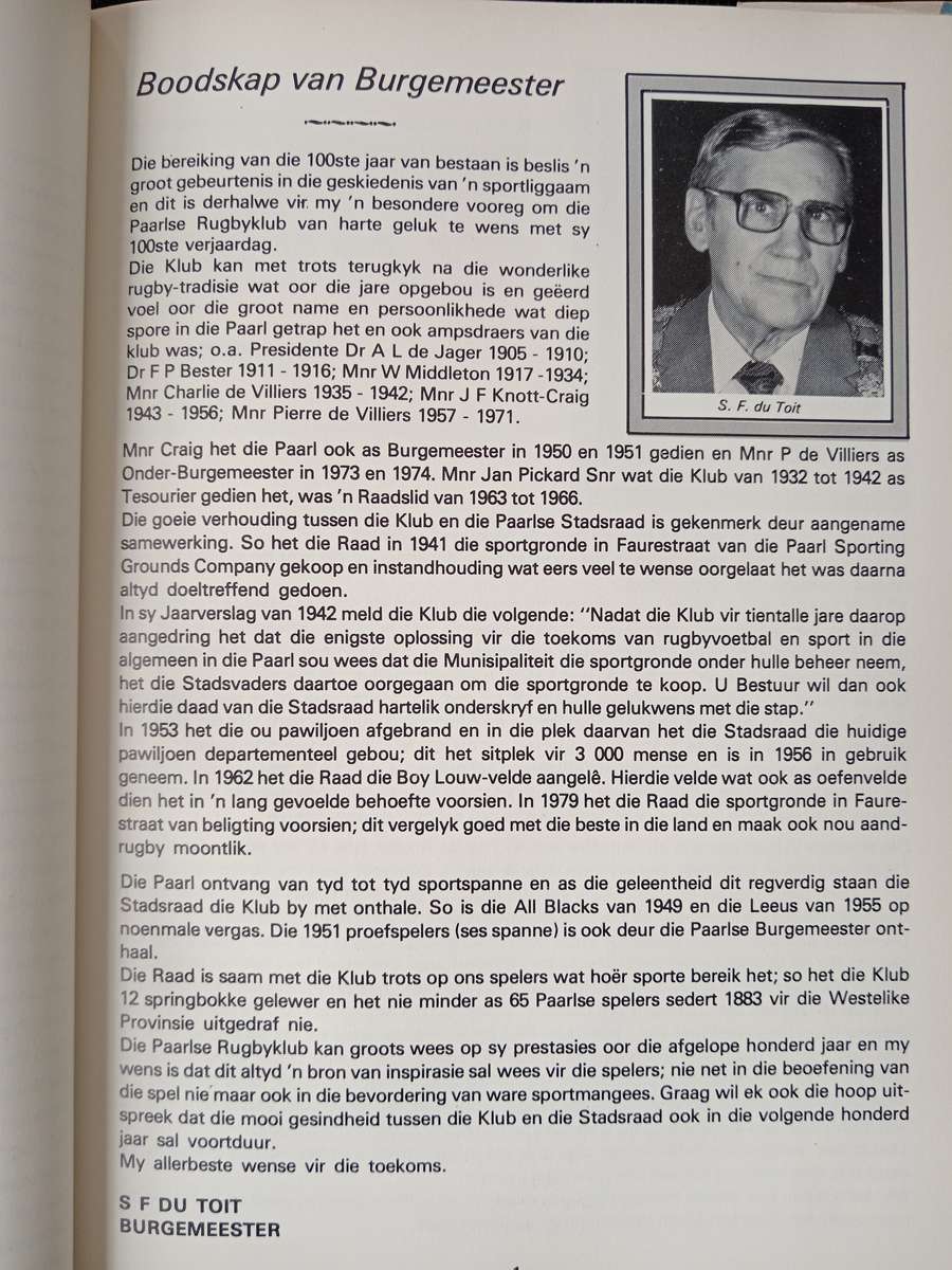 Paarl Rugby 1883-1983 Compiled by Jan Fritz