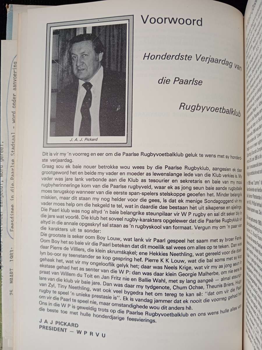 Paarl Rugby 1883-1983 Compiled by Jan Fritz