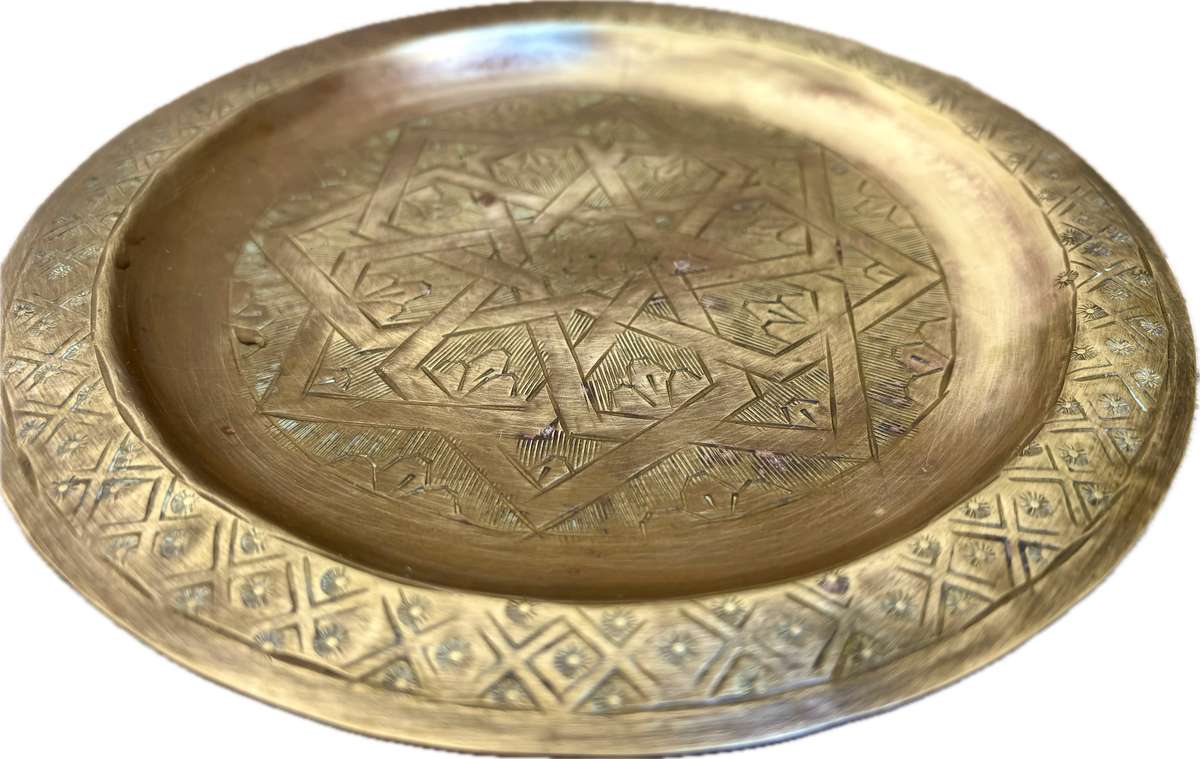 Vintage brass wall plate Morocco etched geometric design