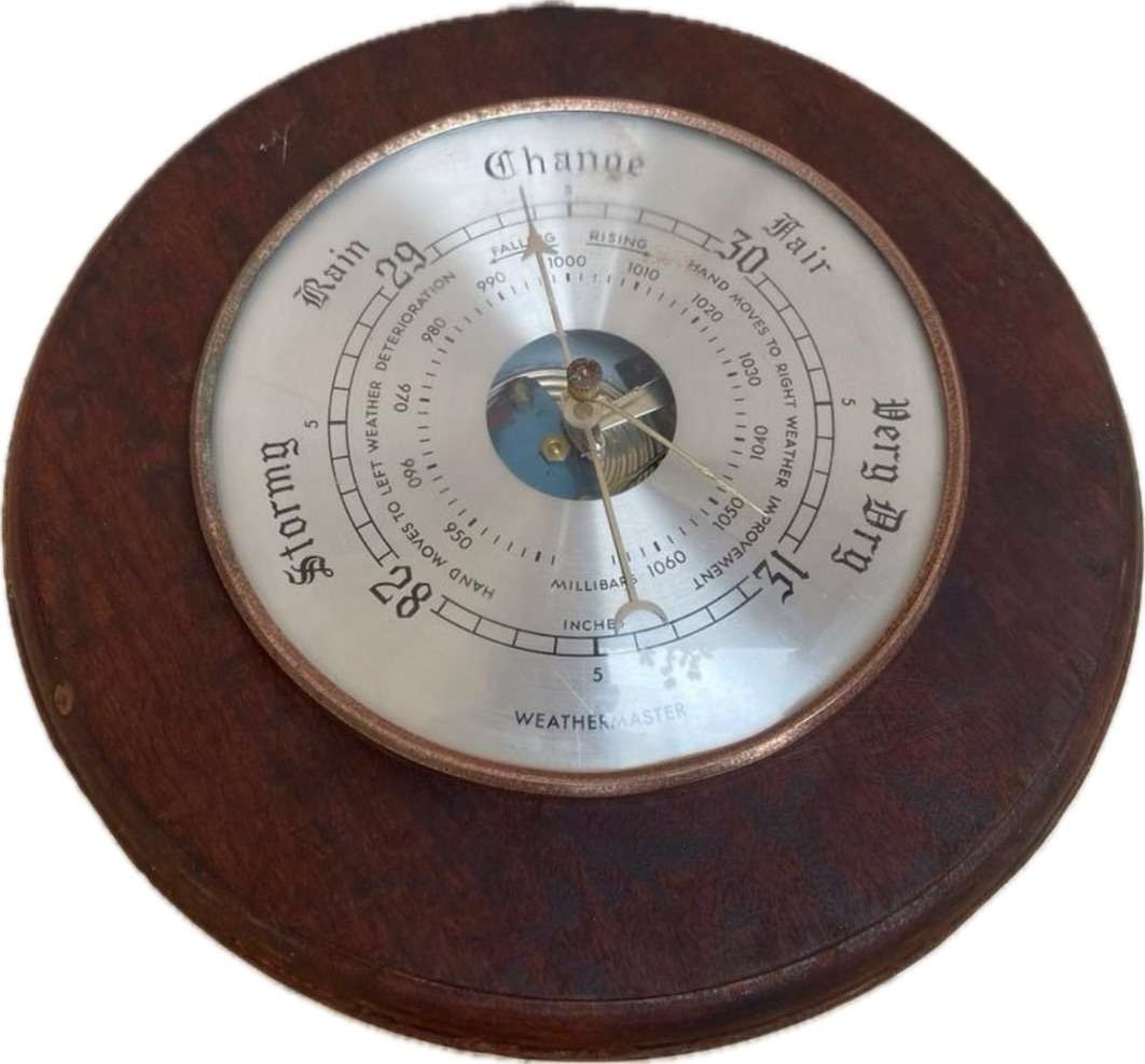 Vintage Weathermaster barometer solid round wood 24cm