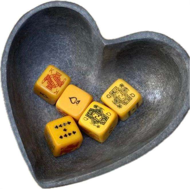 Vintage heart shaped trinket box India with old Bakelite poker dice