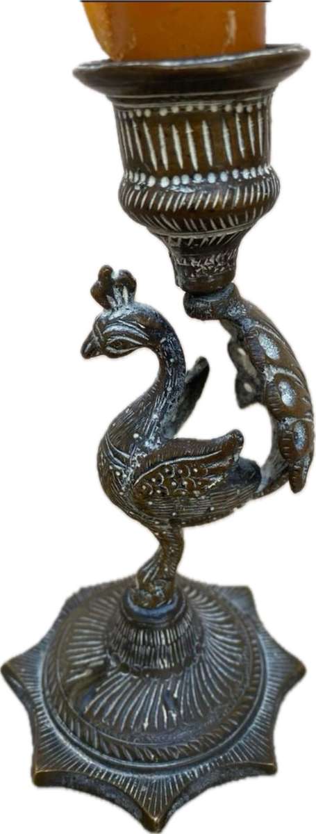 Vintage brass peacock engraved candlestick holder India