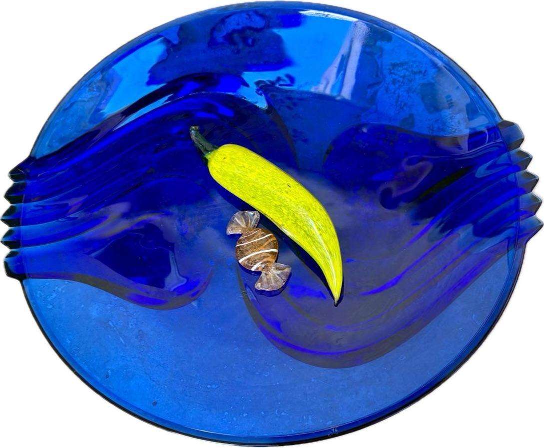 Vintage Luminarc fruit bowl cobalt blue glass , Murano sweet ,  glass blown banana