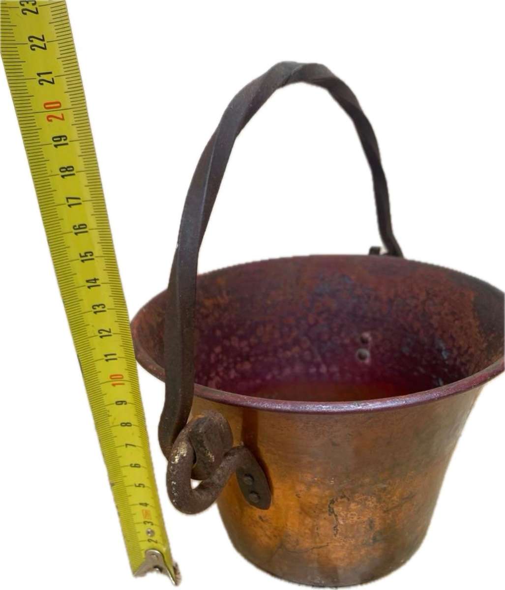 vintage hammered copper cauldron planter with wrought iron handle
