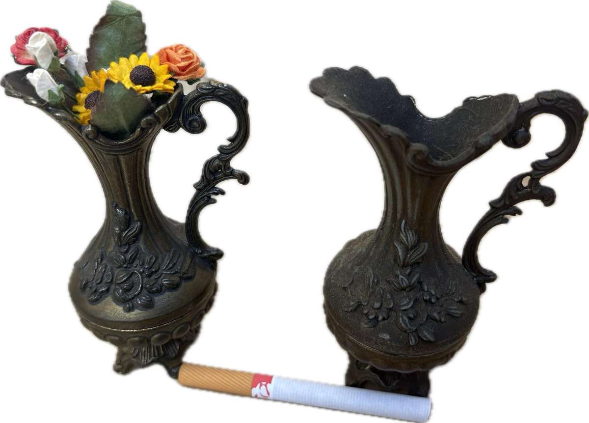 vintage brass floral  pitcher bud vase pair Italy