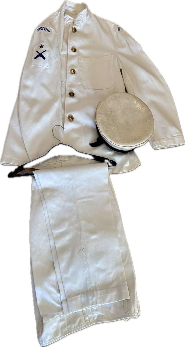 Vintage original SA Navy white uniform with buttons 1972 , navy prop hat