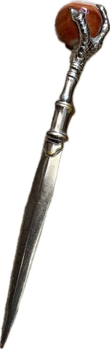 Vintage  LETTER OPENER with eagle claw and agate ball in old wood trinket box