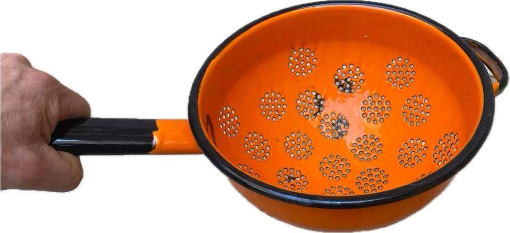 Vintage enamelled enamel strainer orange POLAND