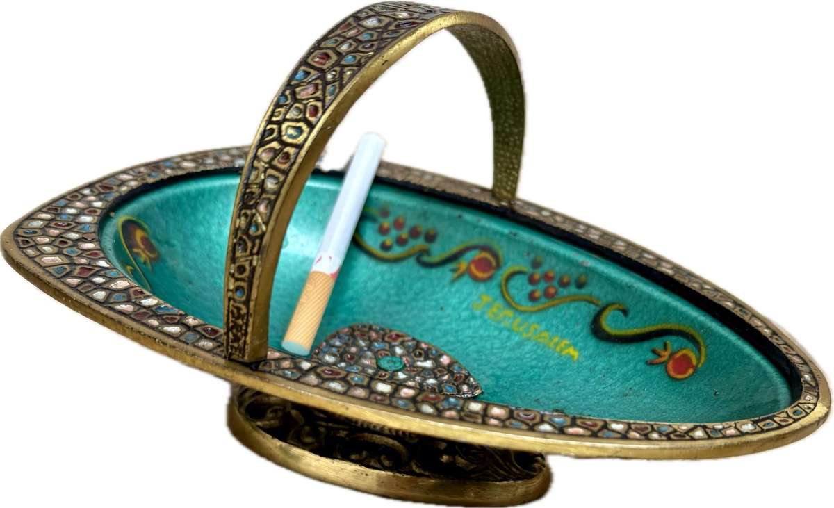 Vintage brass enamel bowl Israel Jerusalem footed