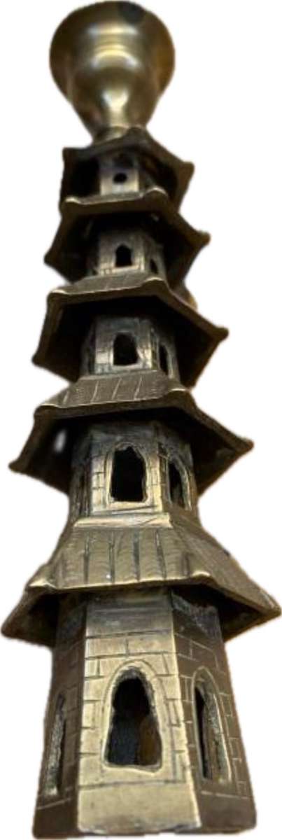 vintage brass pagoda incense holder and pagoda candle stick holder pair