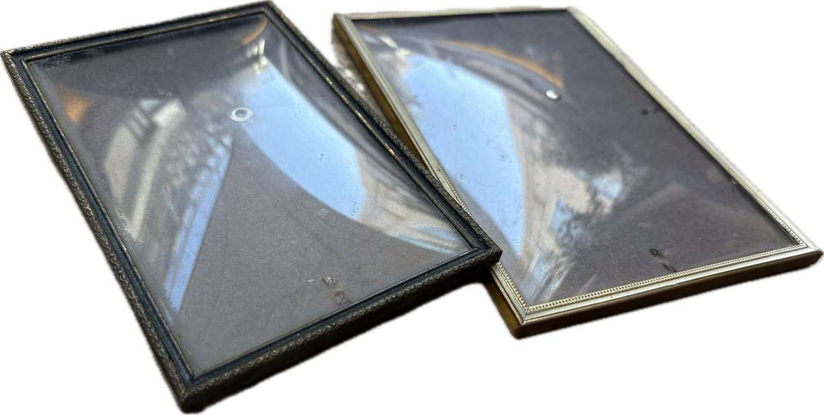 Vintage convex glass brass picture frame pair Danish design