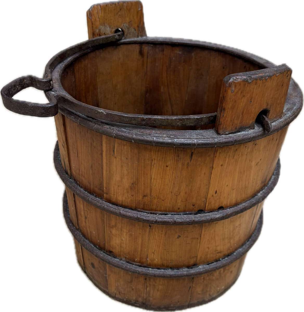 Antique Large Wood Well Bucket Hand Forged Metal Handle Water Pail RARE