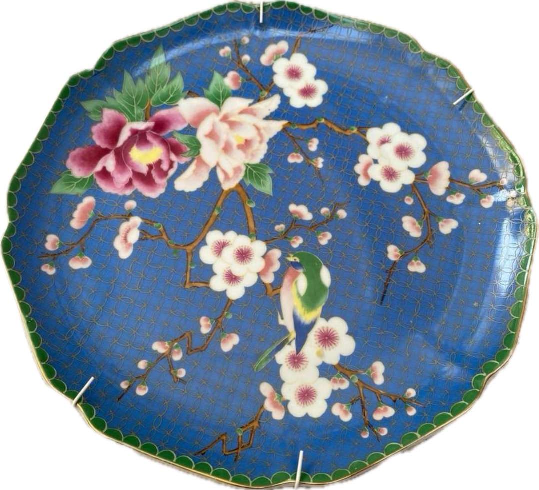 Japanese blue plate cherry blossoms + bird gold rim Japan mark