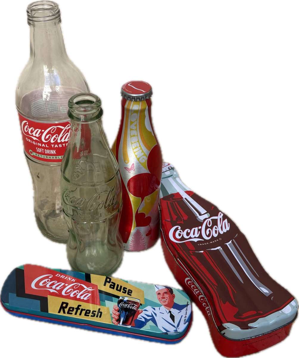 Vintage  coke bottle lot of 3 plus 2 coke tins