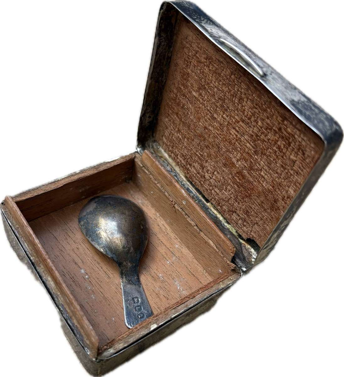 Antique Sterling silver tea caddy box and spoon set Birmingham 1906 1907