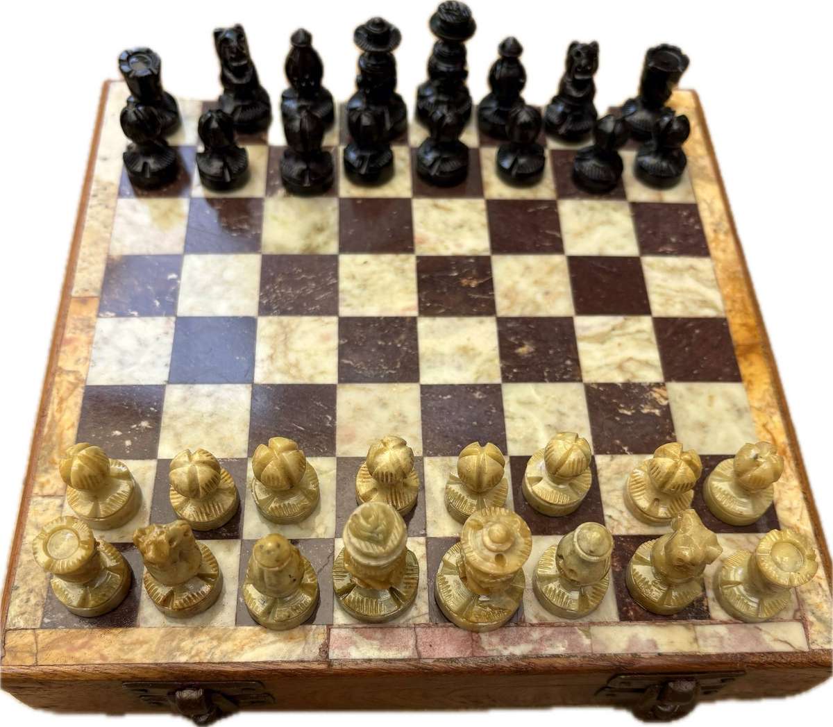 Vintage chess set marble and wood storage box