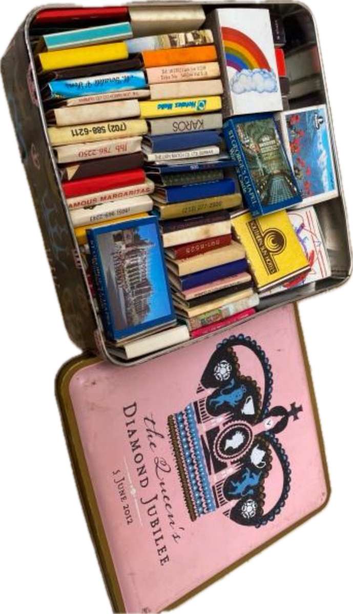 vintage lot of old matches 65 match boxes in metal tin