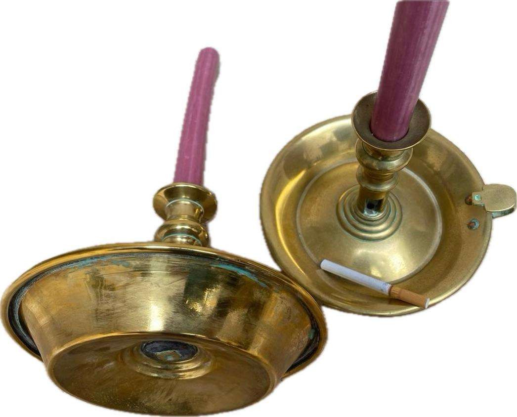 Vintage large brass chamberstick candle holder pair