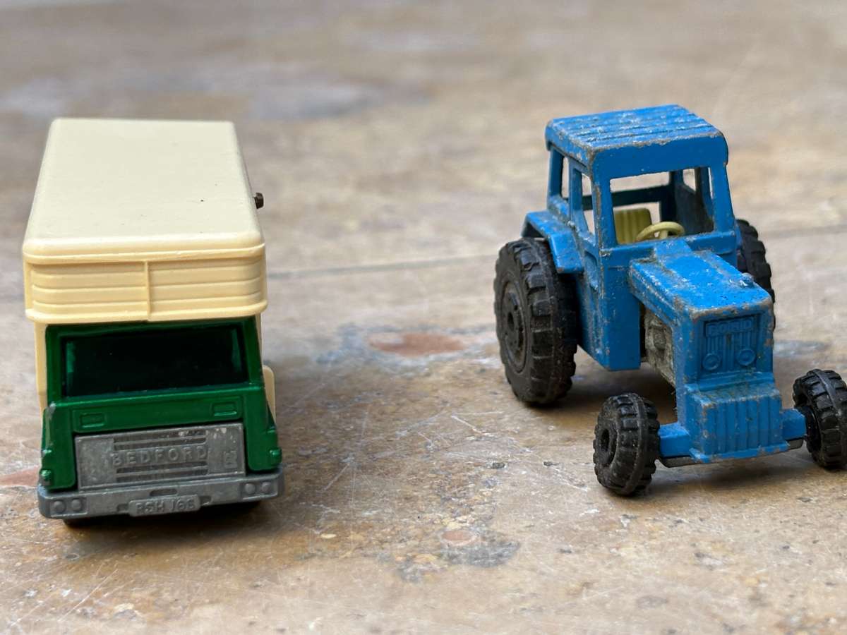 Vintage matchbox die cast horse box and tractor pair