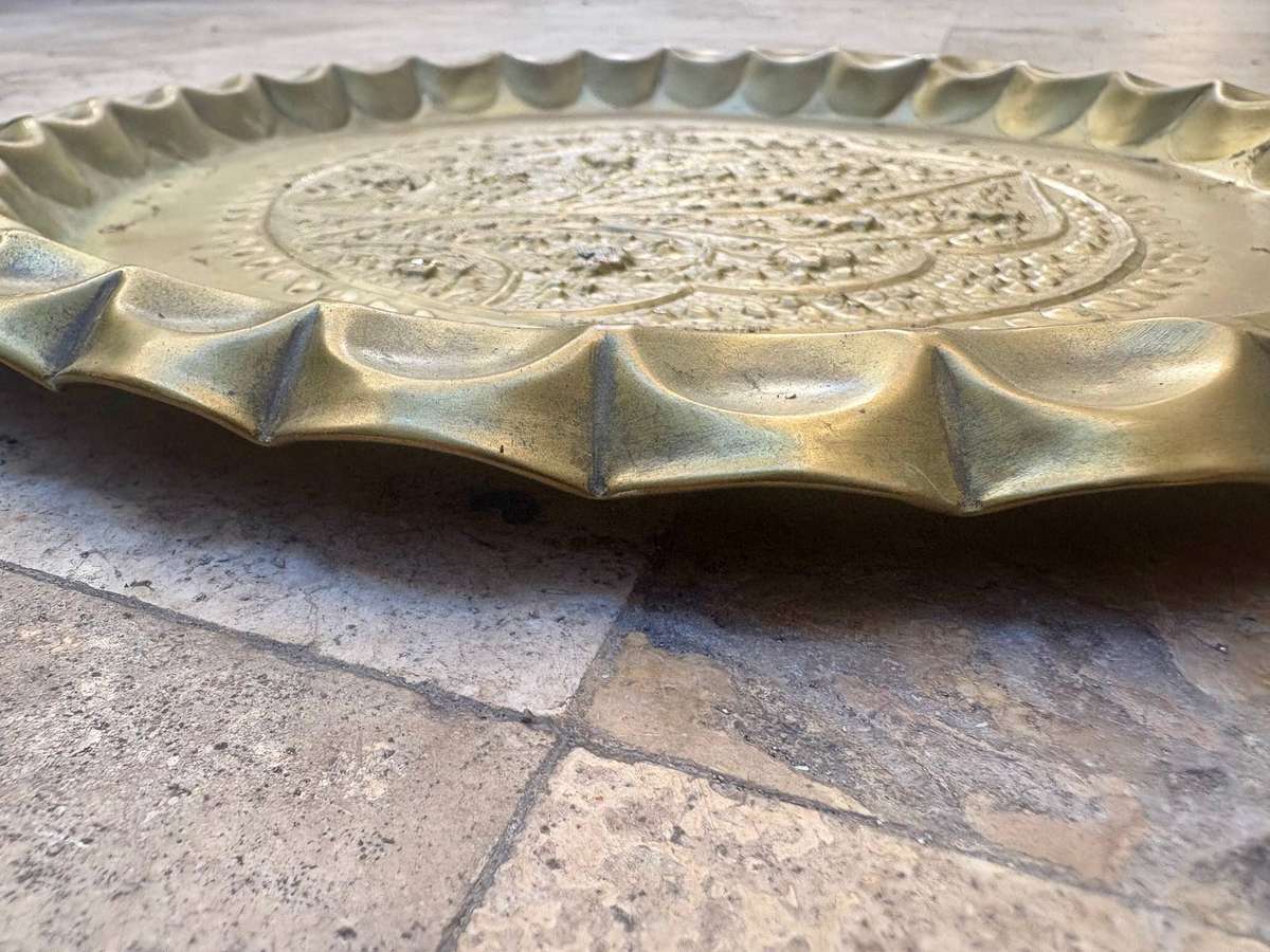 Vintage moorish round brass tray with pie crust edge wall mount