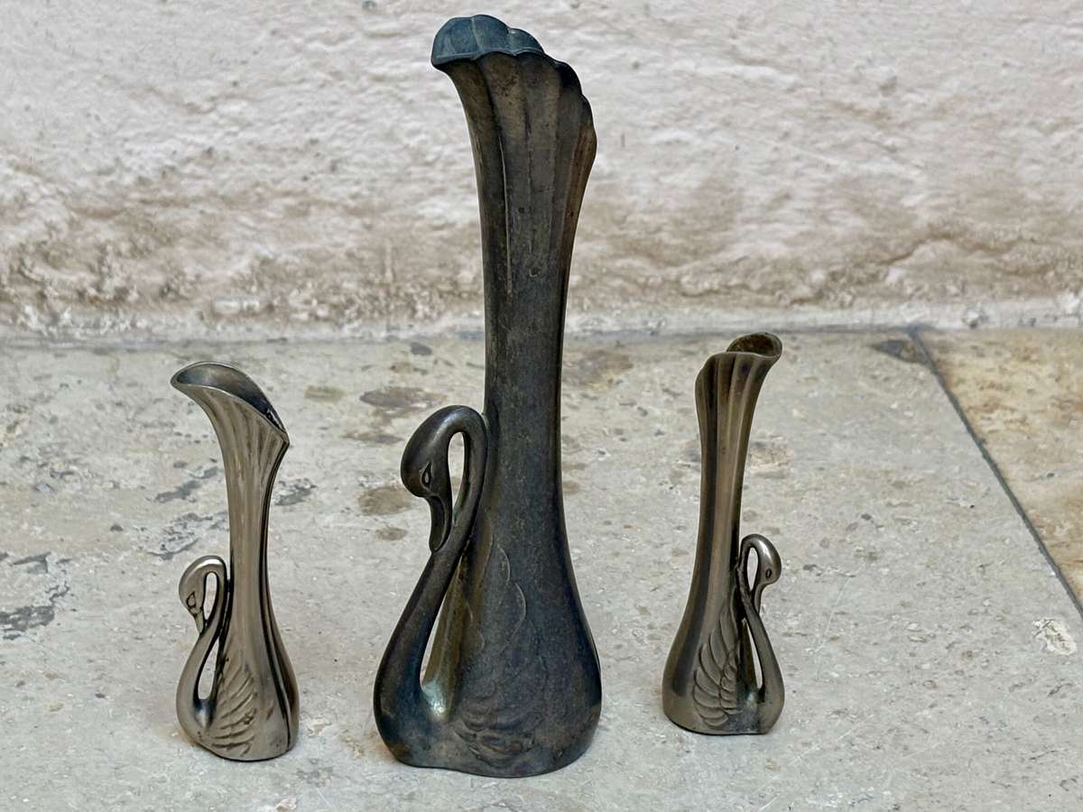 Vintage silver plated retro swan bud vase lot of 3