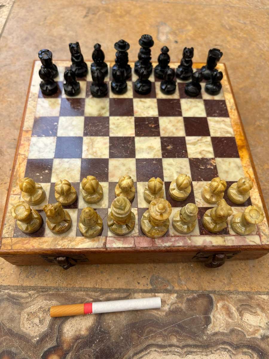 Vintage chess set marble and wood storage box