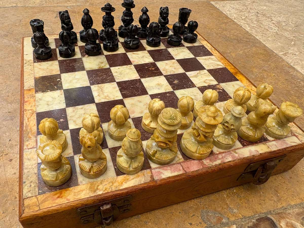Vintage chess set marble and wood storage box