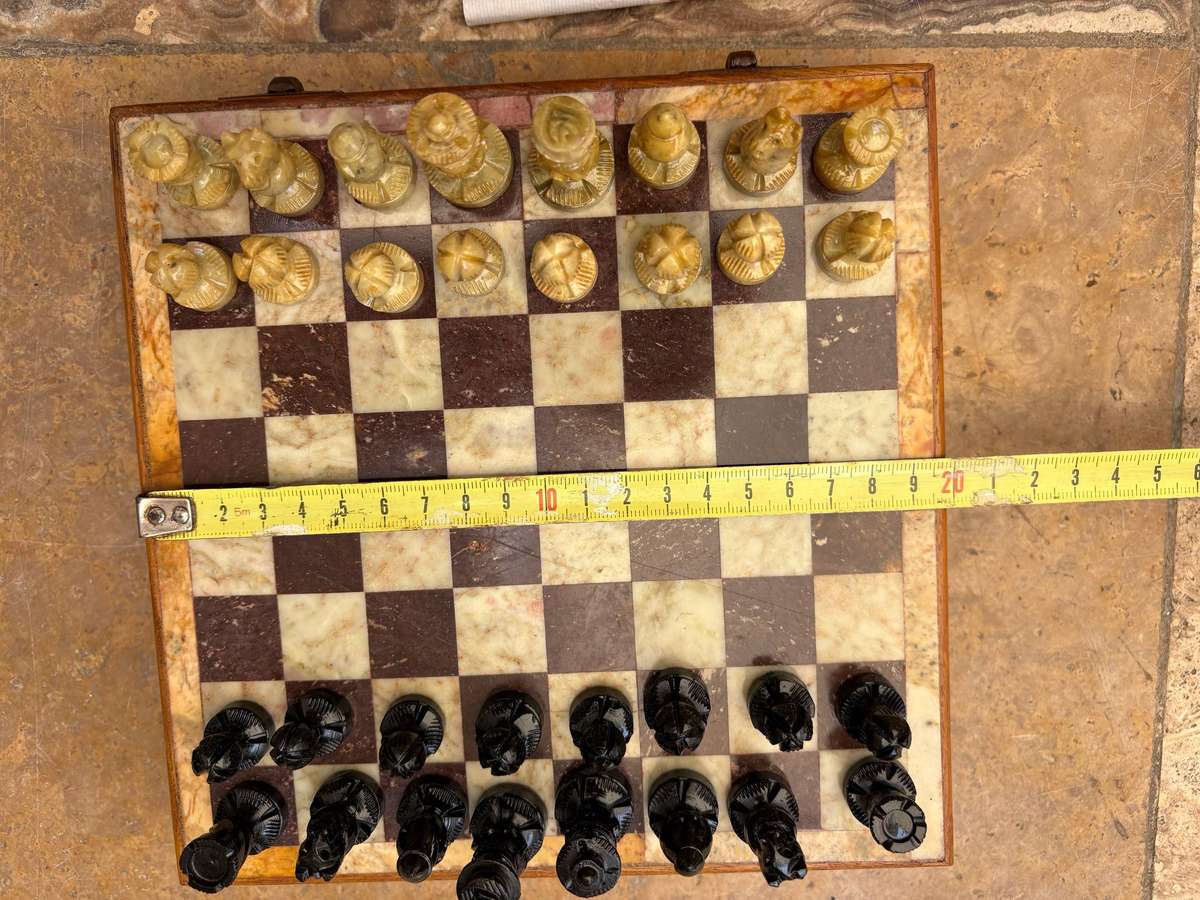 Vintage chess set marble and wood storage box