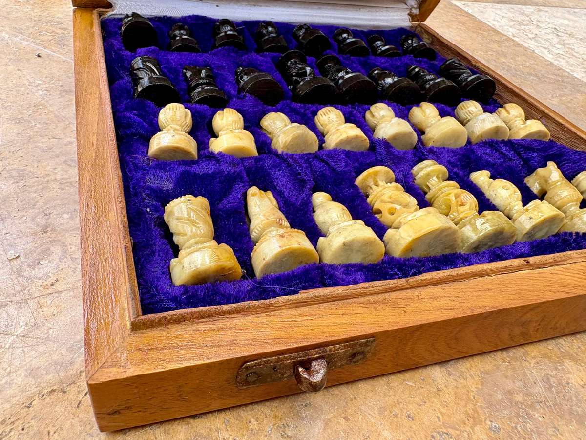 Vintage chess set marble and wood storage box