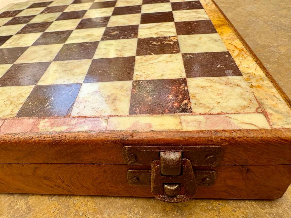 Vintage chess set marble and wood storage box