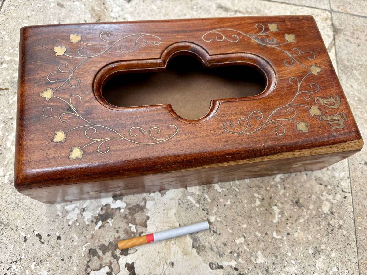 Vintage wood tissue box with floral brass inlay