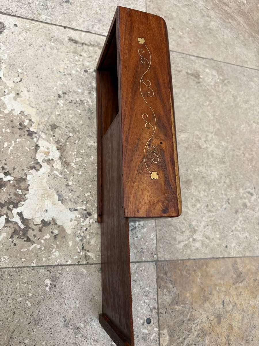 Vintage wood tissue box with floral brass inlay