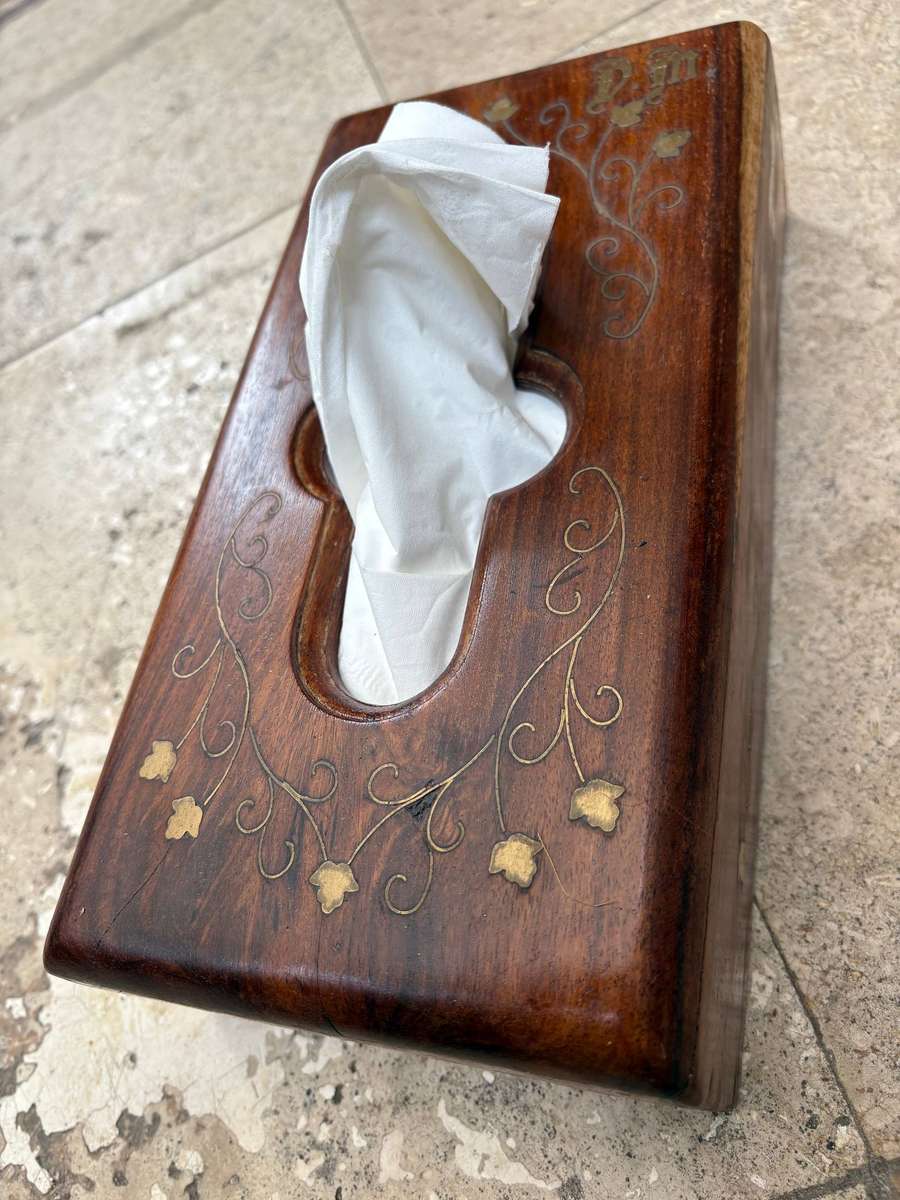 Vintage wood tissue box with floral brass inlay