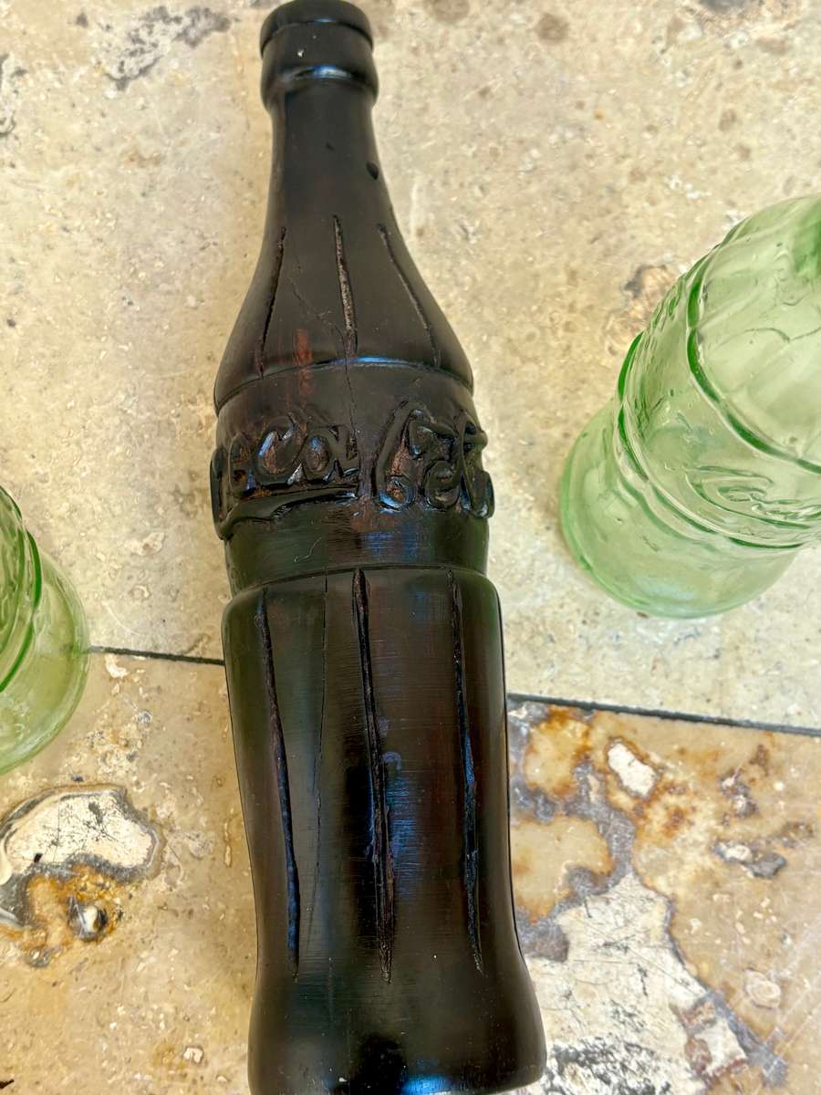 vintage ebony wood coke bottle sculpture with pair of coke glass pre deposit Coke 250 mm