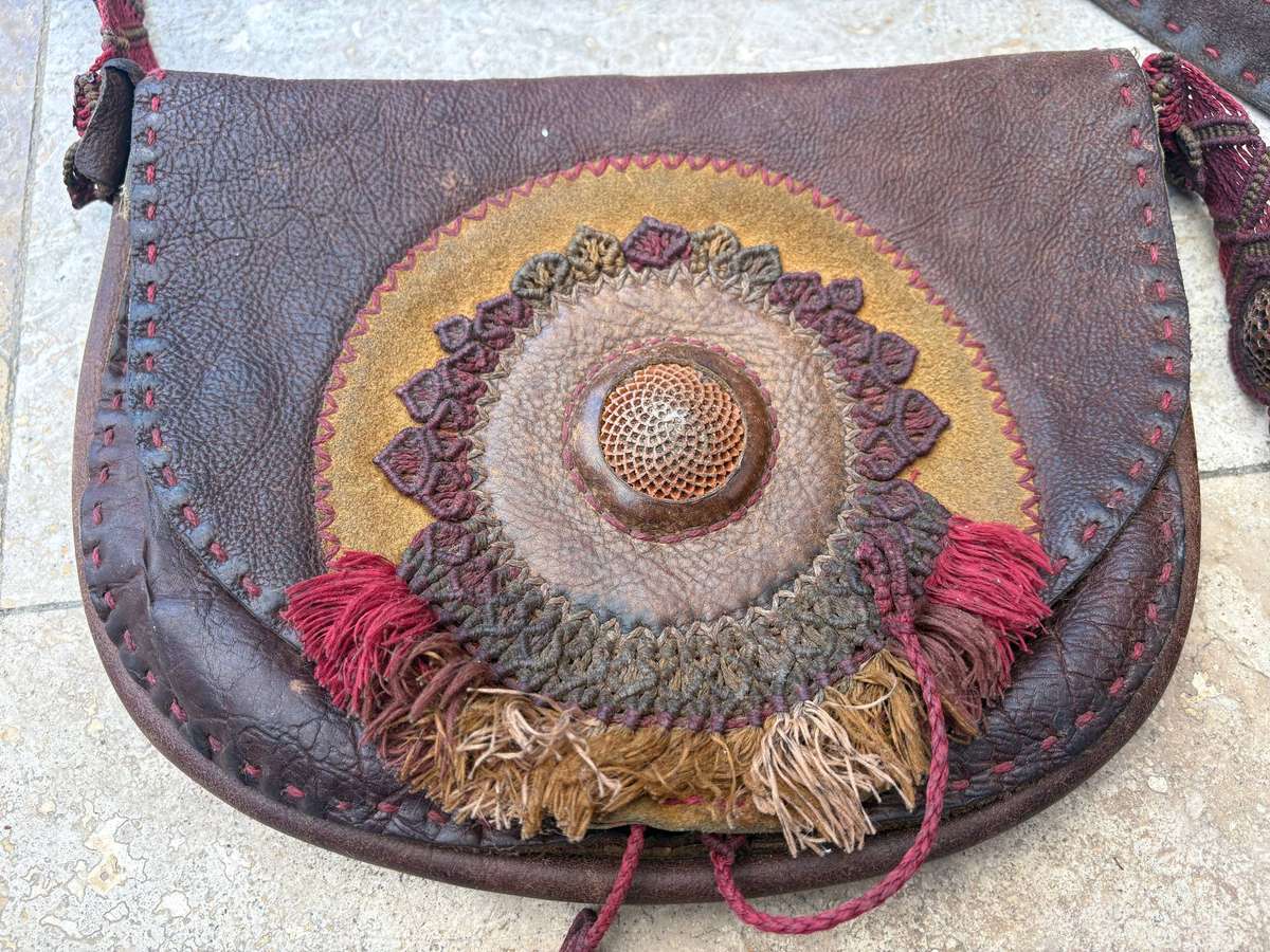 Vintage leather cross body tooled bag hippy chic handcrafted