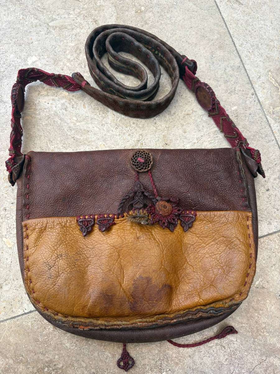 Vintage leather cross body tooled bag hippy chic handcrafted