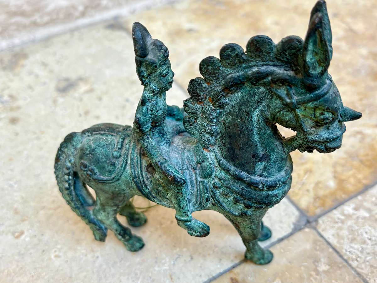 Vintage bronze horse with rider sculpture warrior knight statuette