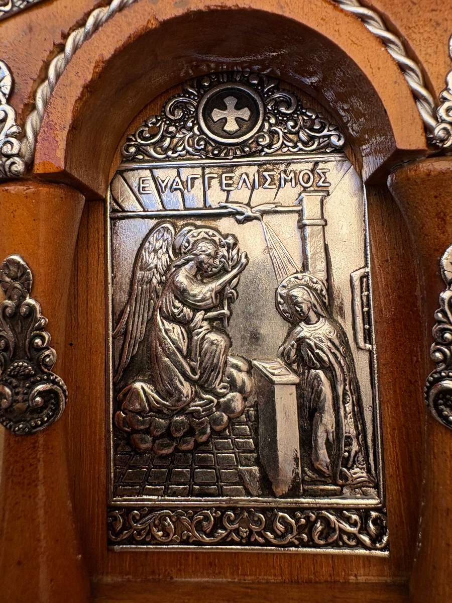 Greek Orthodox religious wall icon Annunciation Gabriel and Mary