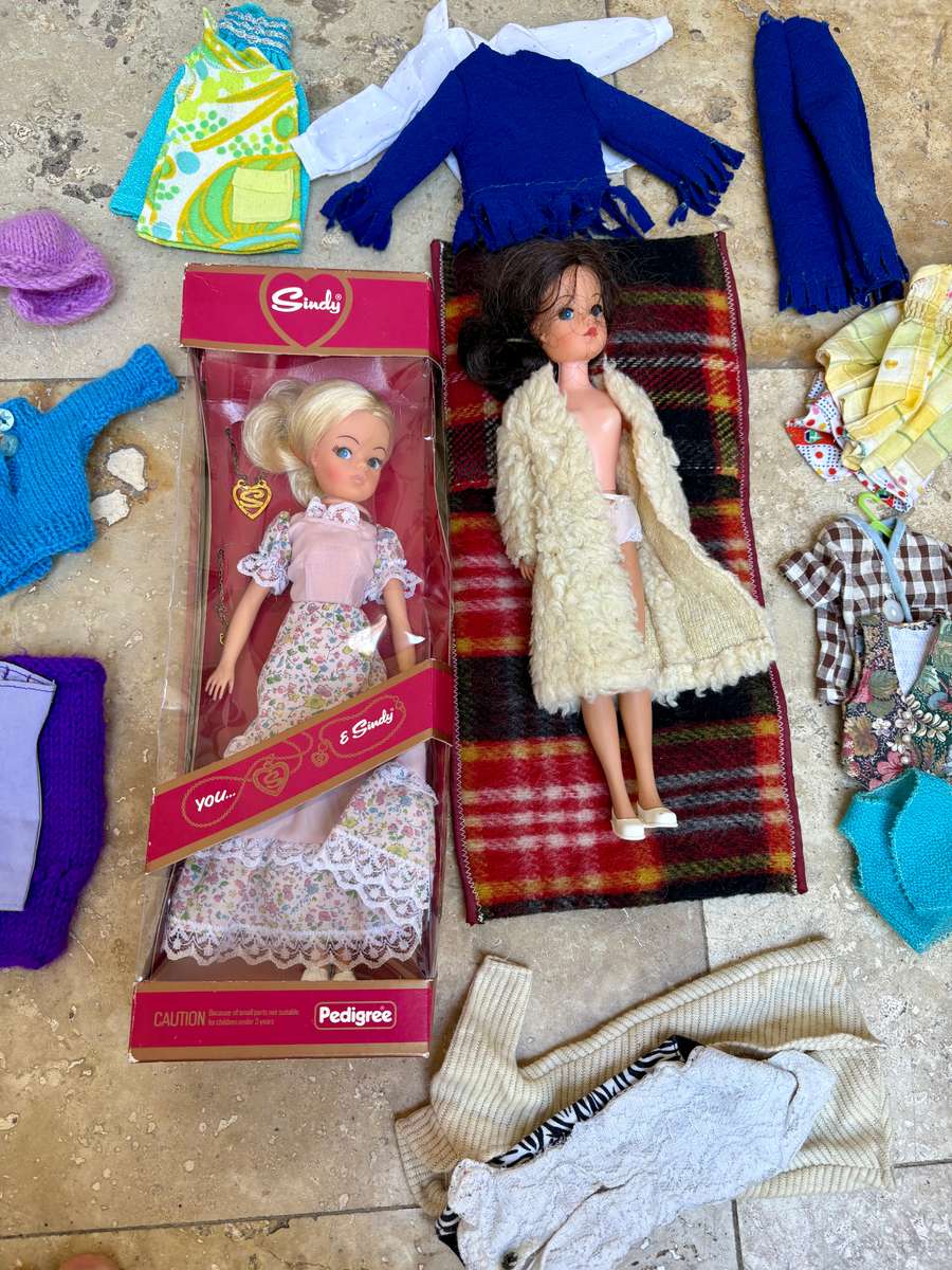 Vintage Sindy doll pair with Barbie doll clothes lot