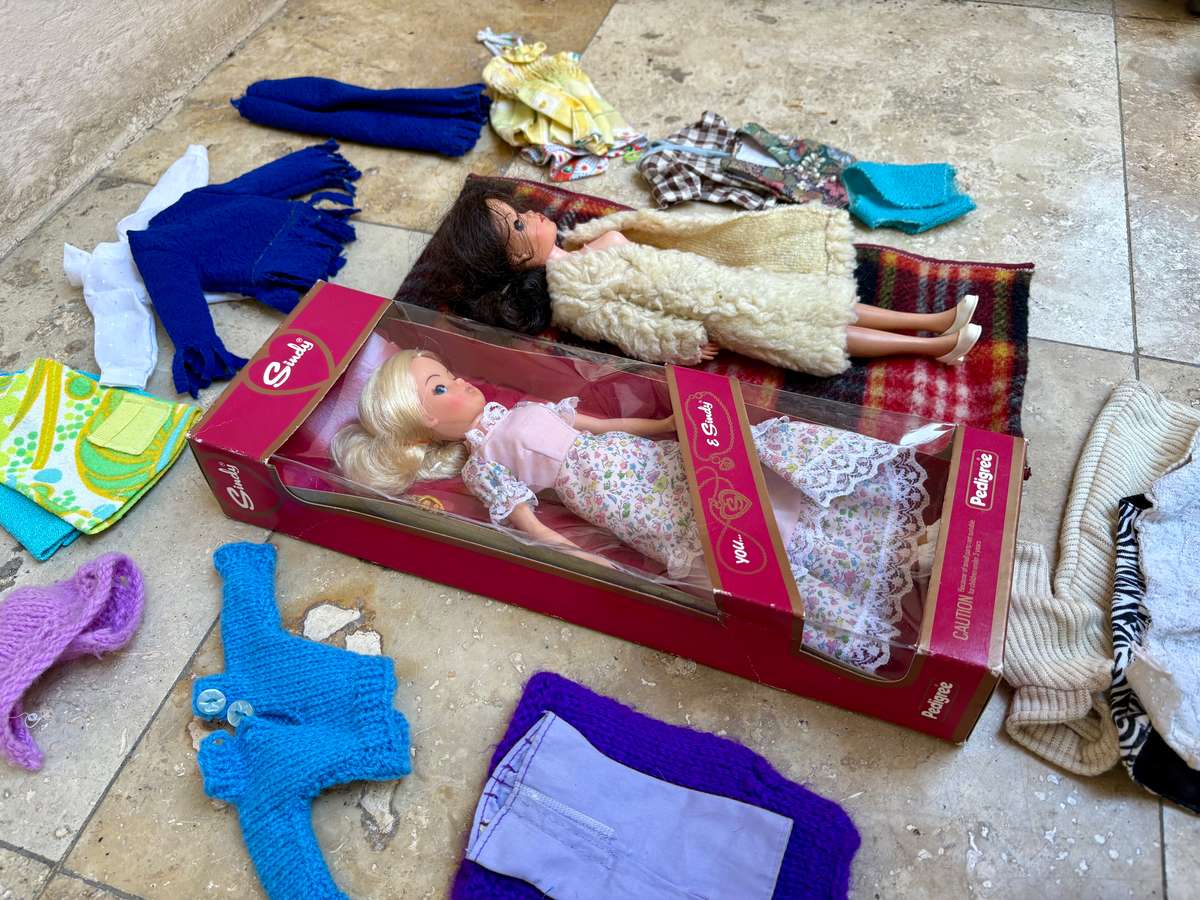 Vintage Sindy doll pair with Barbie doll clothes lot