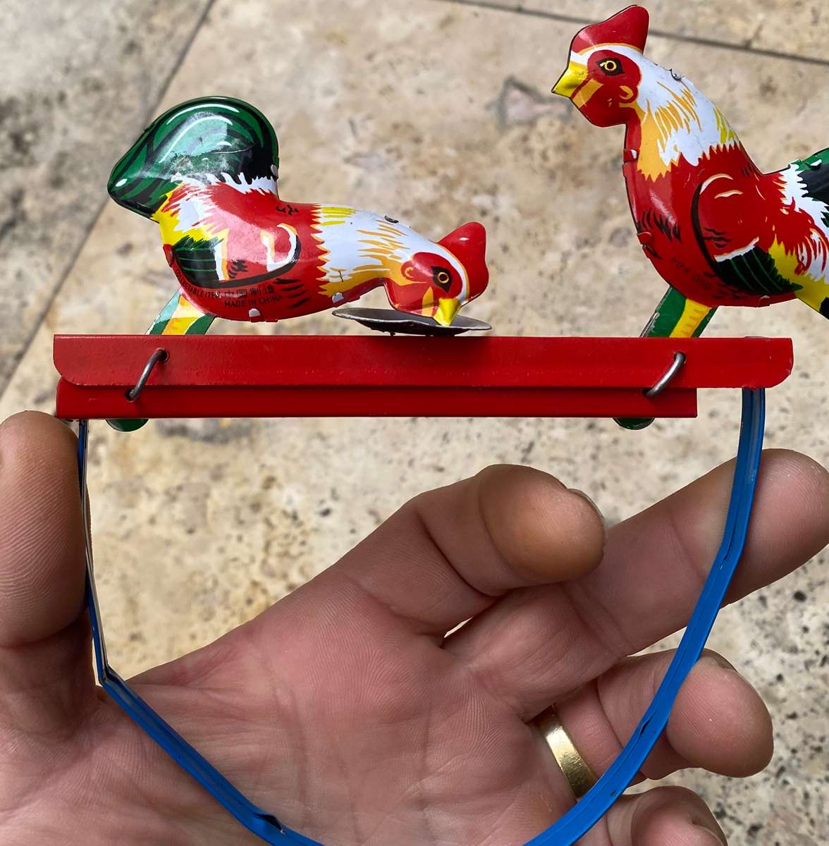 Vintage chicken feed tin toy cock hen rooster squeeze mechanical