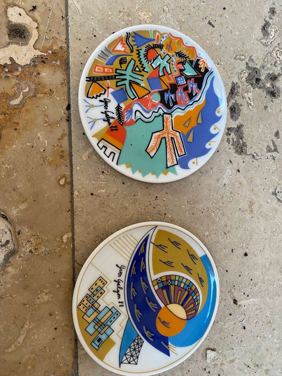 Vintage Lufthansa Yves Galgon Hutschenreuther coaster pair 1988