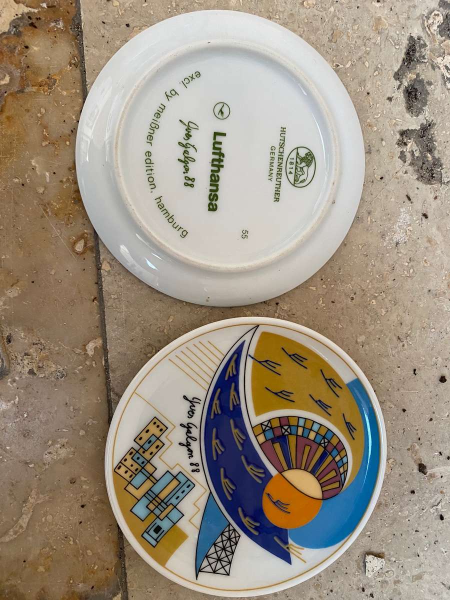 Vintage Lufthansa Yves Galgon Hutschenreuther coaster pair 1988